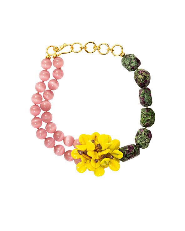 Yellow Pansy Necklace in Pink & Zoisite